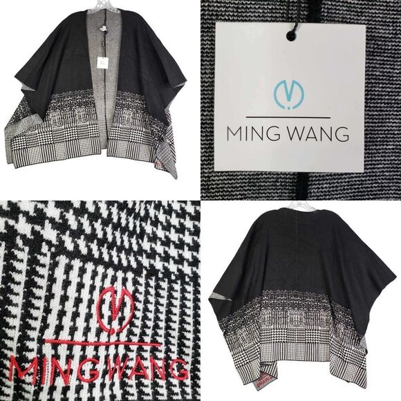 Ming Wang Sweater Cape One Size Black Soft Poncho Wrap Logo Embroidered New - Picture 1 of 11